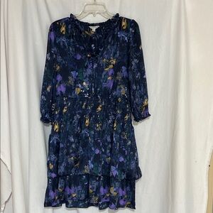 Ophelia Roe XL Navy Dress floral purple yellow elastic waist sleeves